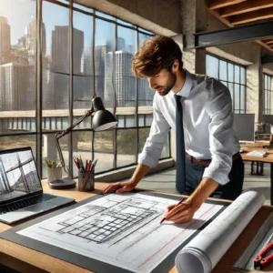 A professional engineer reviewing as-built drawings in an office in California. The workspace has architectural blueprints, a laptop, and drafting too