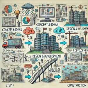 A creative hand-drawn infographic illustrating the architectural design process step-by-step.